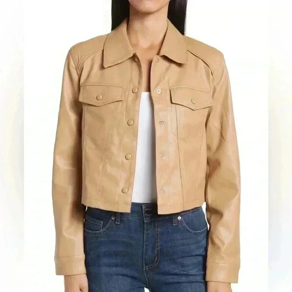 BLANKNYC Faux Leather Crop Trucker Jacket Light Brown Large‎ NWT - Picture 1 of 8